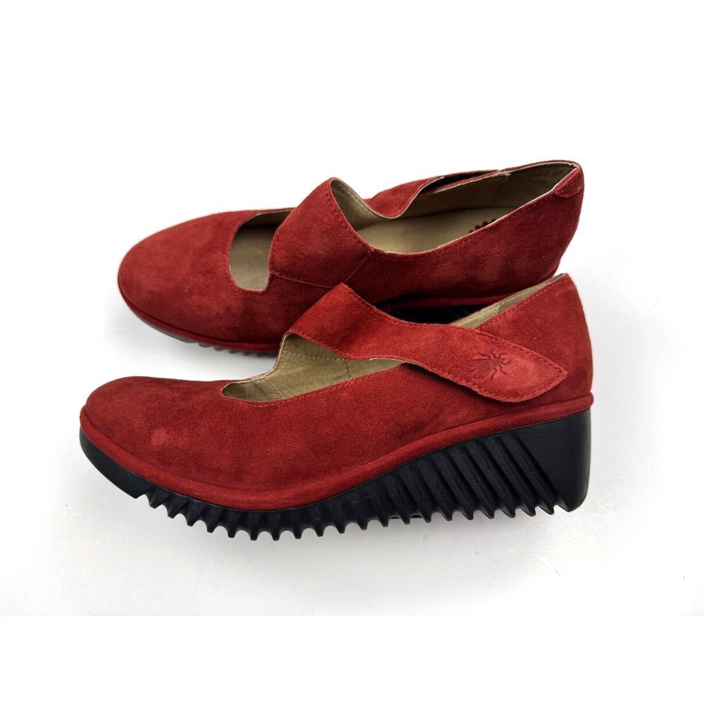 Fly London Lyka Wedge Mary Jane Loafer‎ Women 38 W 7.5-8 NWOB Red Suede Comfort